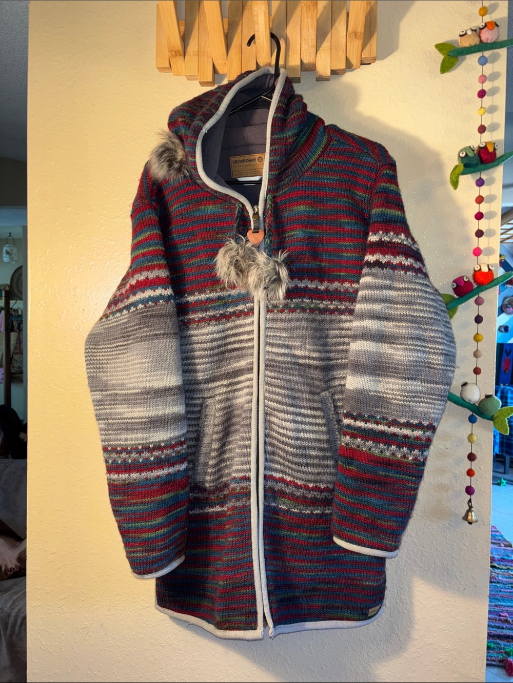 EUC Laundromat brand multicolor wool sweater coat with a fleece lining and a woo